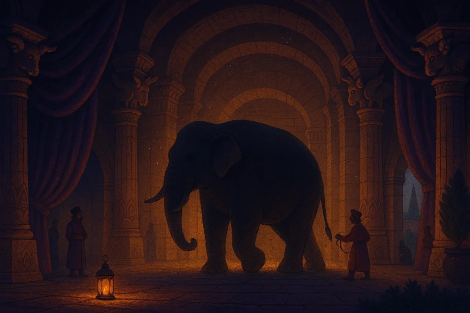 A large elephant's silhouette being led into a dim, ancient stone building.